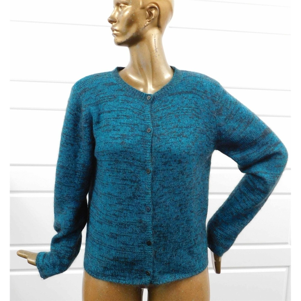Eileen Fisher Black Teal Green Mohair Blend Button Down Cardigan Sweater sz‎ S